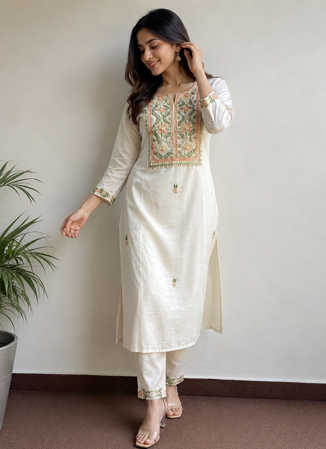White Embroidered Ethnic Kurta With Pants | Office and Daily Wear Co-Ord Set