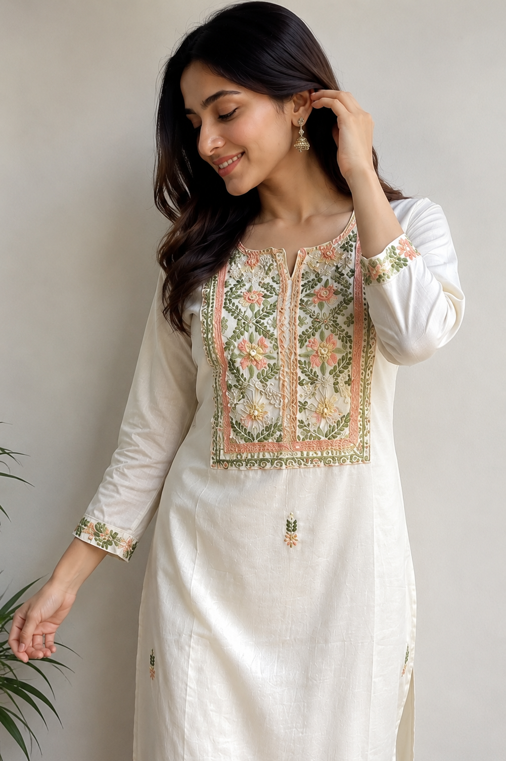White Embroidered Ethnic Kurta With Pants | Office and Daily Wear Co-Ord Set