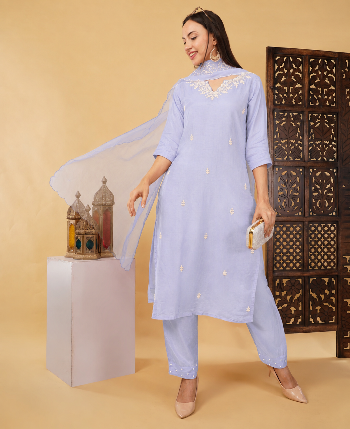 Embroidered Ethnic Kurta set with Pants and Dupatta For Women's | Festive Traditional Suit Set