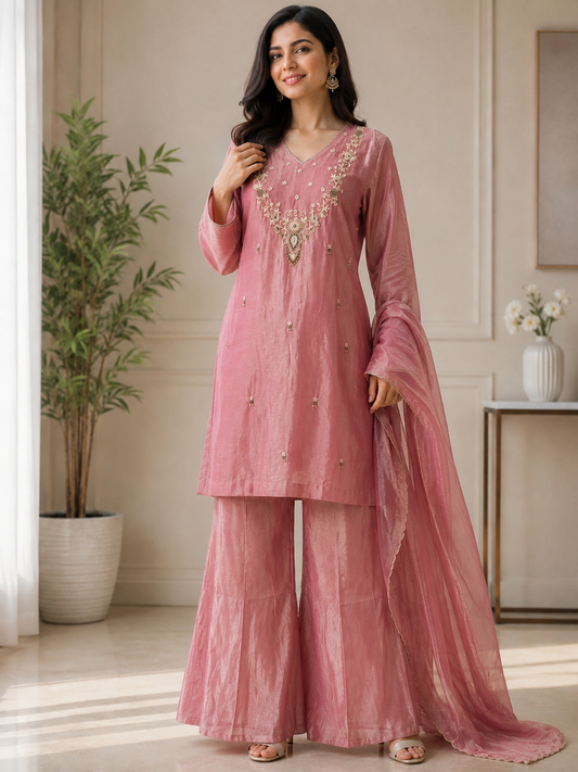 Rose Pink Zardozi Embroidered Ethnic Kurta Set for Women with Pants & Dupatta