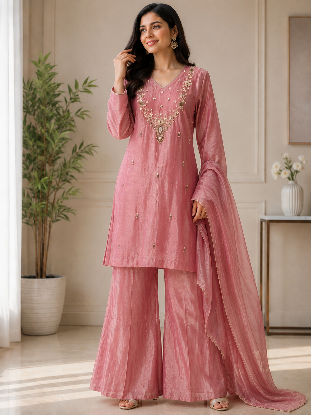 Rose Pink Zardozi Embroidered Ethnic Kurta Set for Women with Pants & Dupatta