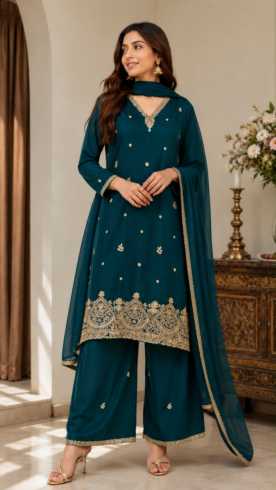 Peacock Green Zardozi Embroidered Kurta Set for Women with Pants & Dupatta | Traditional Ethnic wear