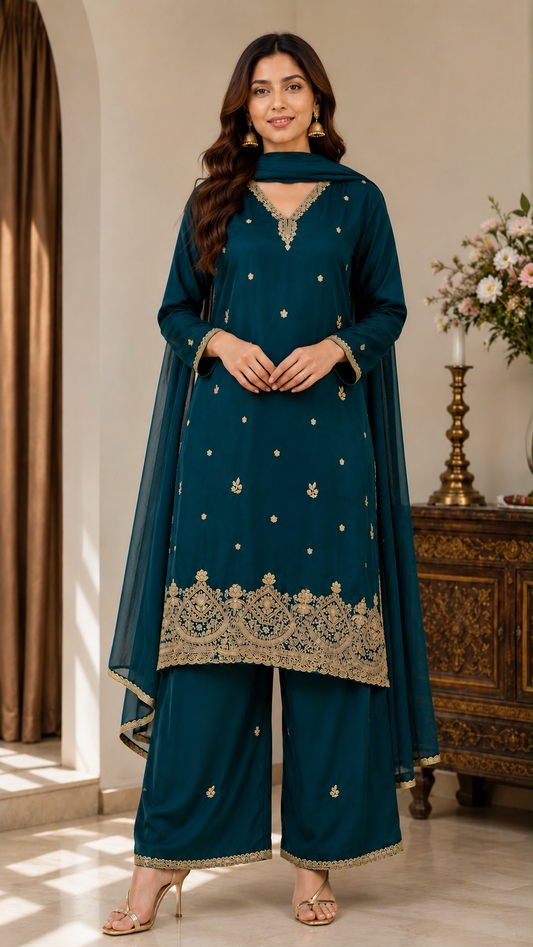 Peacock Green Zardozi Embroidered Kurta Set for Women with Pants & Dupatta | Traditional Ethnic wear