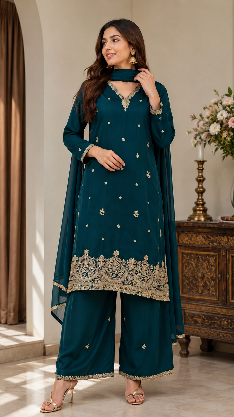 Peacock Green Zardozi Embroidered Kurta Set for Women with Pants & Dupatta | Traditional Ethnic wear