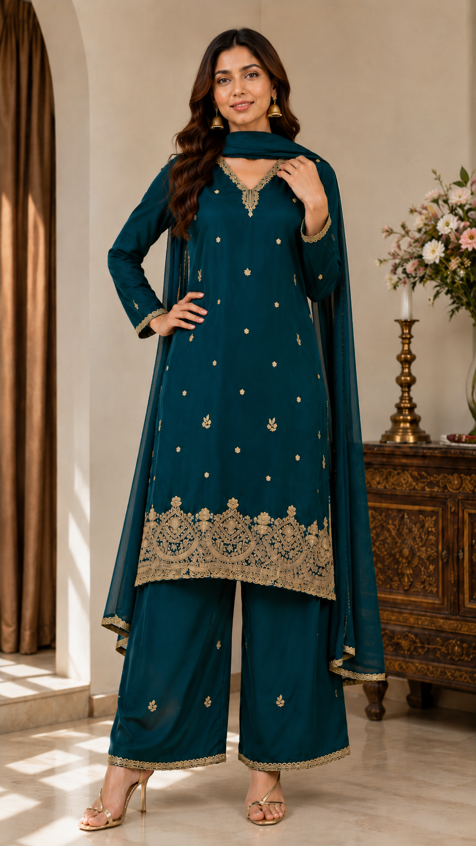 Peacock Green Zardozi Embroidered Kurta Set for Women with Pants & Dupatta | Traditional Ethnic wear