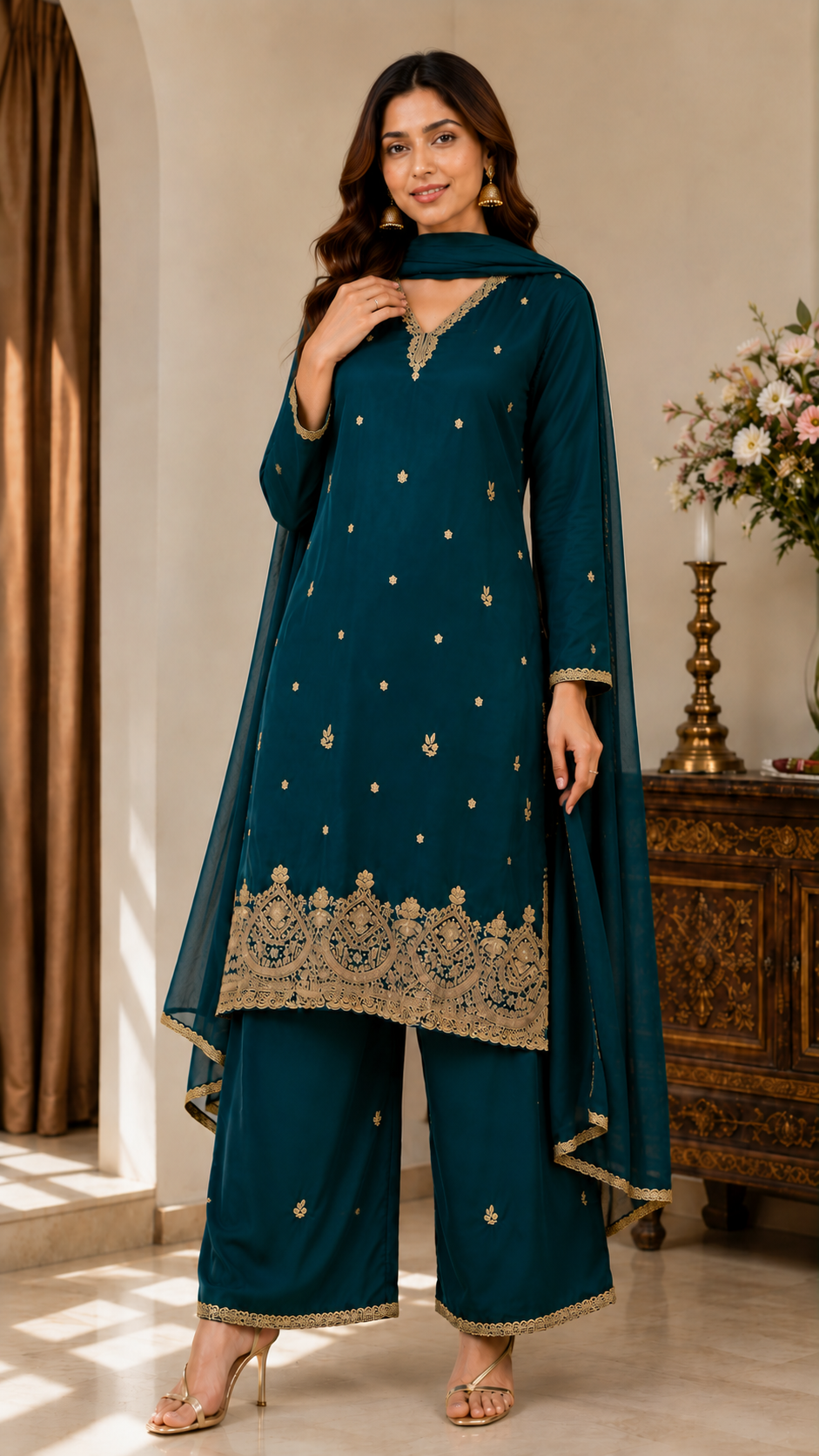 Peacock Green Zardozi Embroidered Kurta Set for Women with Pants & Dupatta | Traditional Ethnic wear