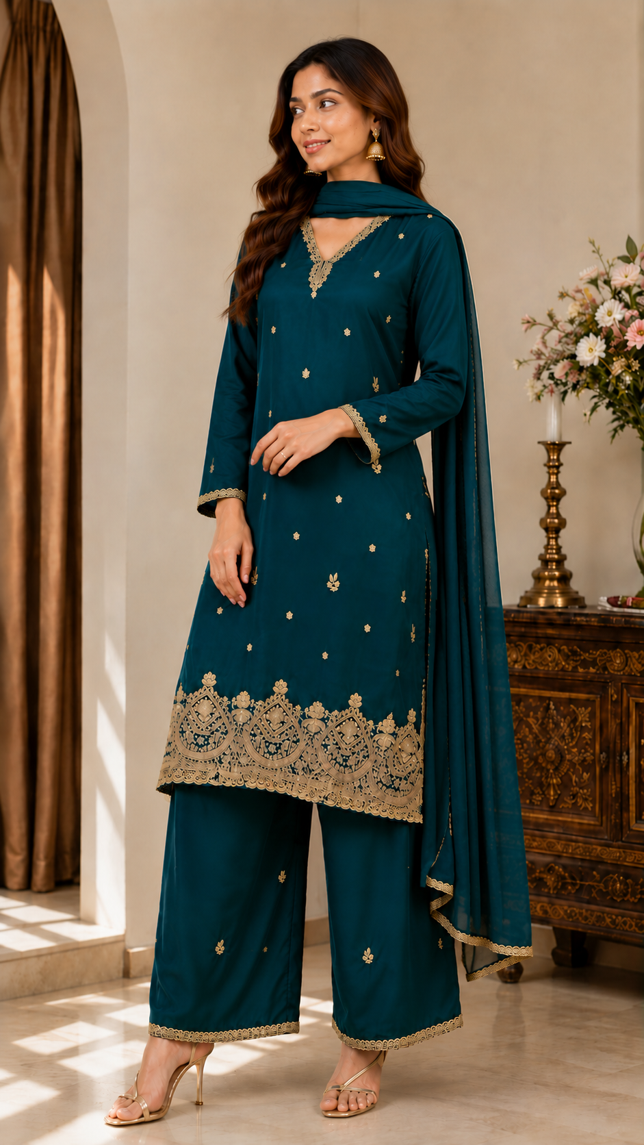 Peacock Green Zardozi Embroidered Kurta Set for Women with Pants & Dupatta | Traditional Ethnic wear