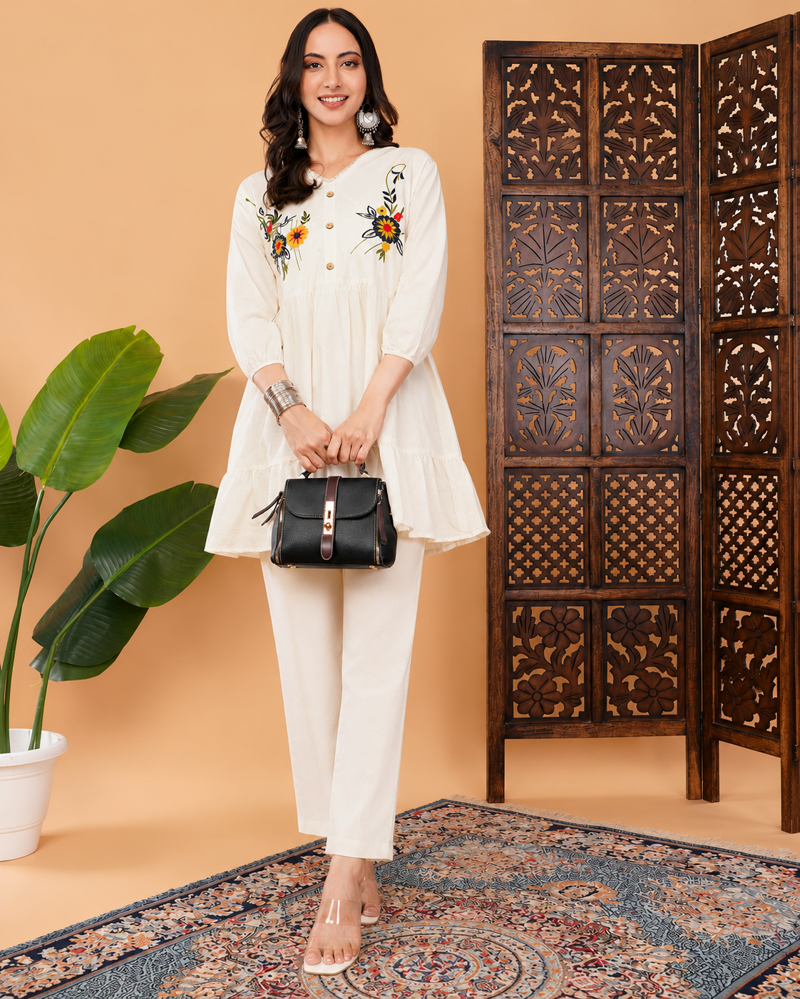 Off White Thread Embroidered Floral Tunic Top for Women | Tiered A-Line Short Kurti | Casual Office Wear