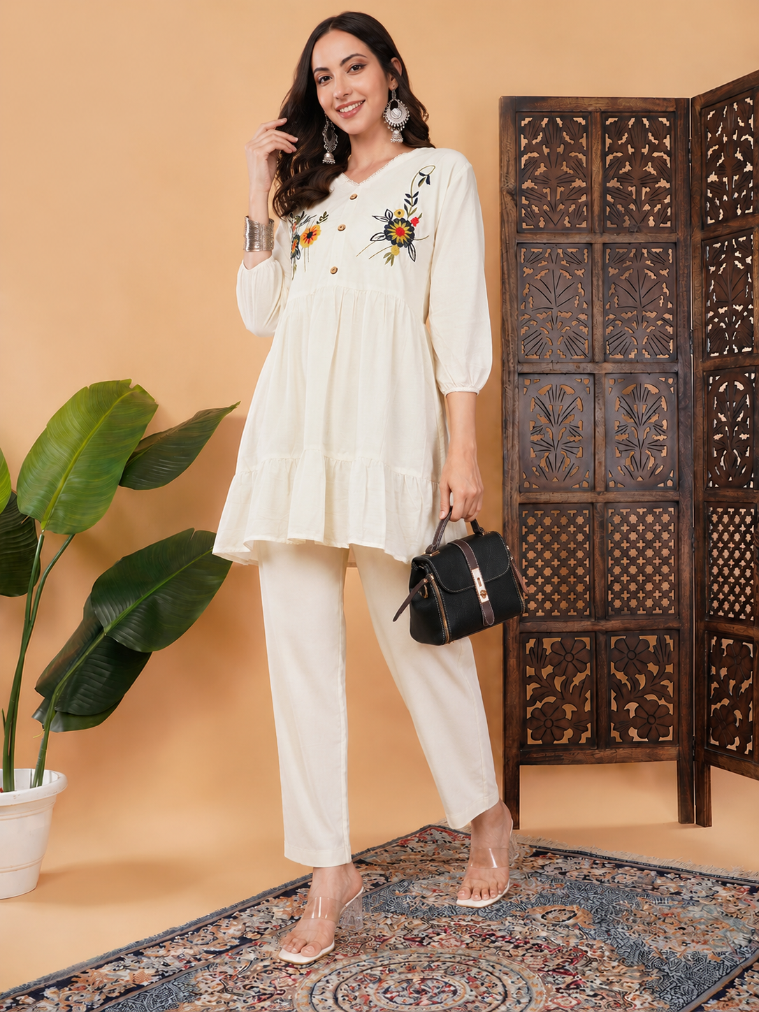 Off White Thread Embroidered Floral Tunic Top for Women | Tiered A-Line Short Kurti | Casual Office Wear