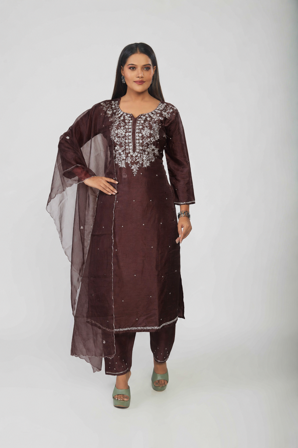Brown Designer Zardozi Embroidered Kurta Set with Pants & Dupatta| Ethnic Festive Wear