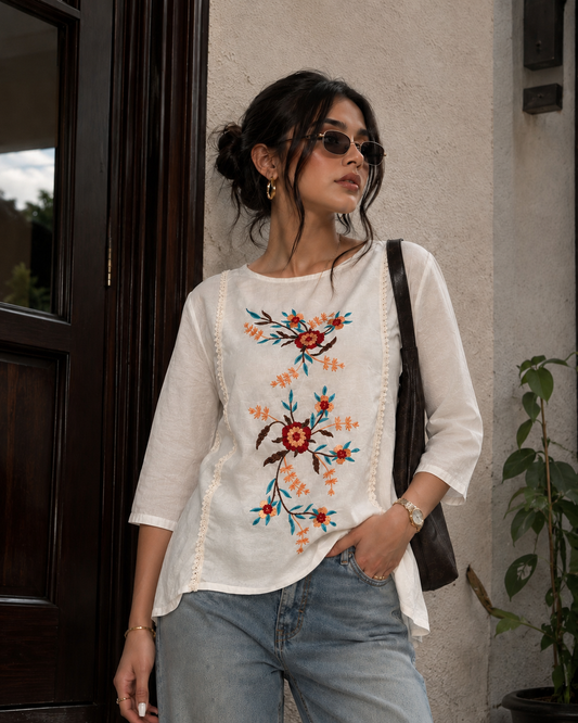 Off White Floral Thread Embroidered Tunic Top for Women | Tiered A-Line Ethnic Top | Casual Office Wear