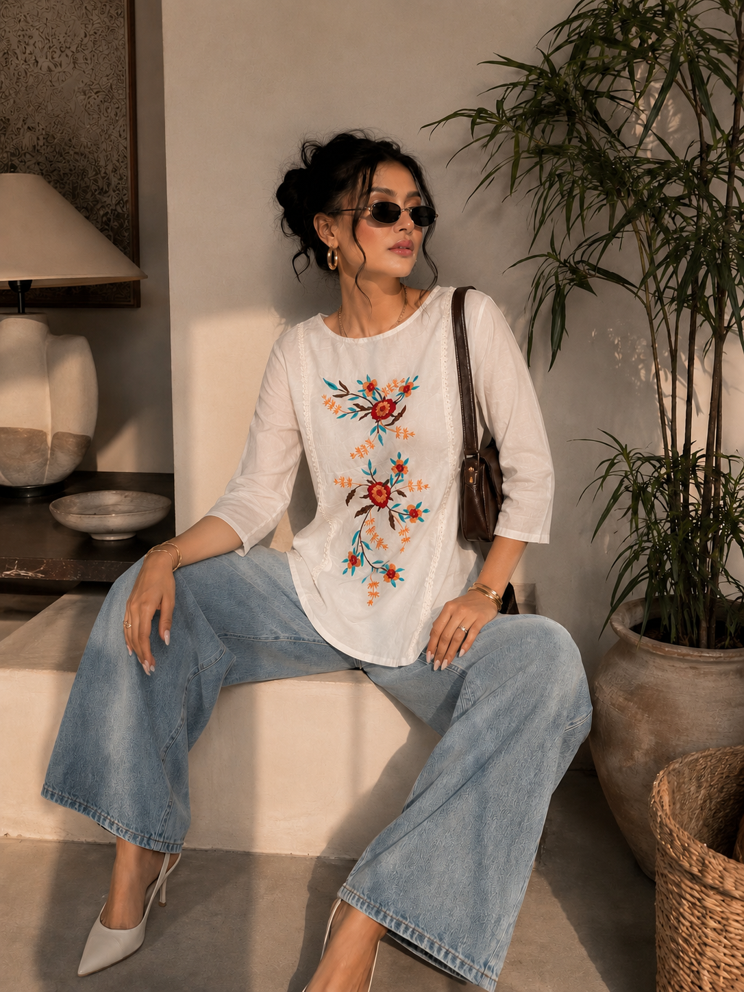 Off White Floral Thread Embroidered Tunic Top for Women | Tiered A-Line Ethnic Top | Casual Office Wear