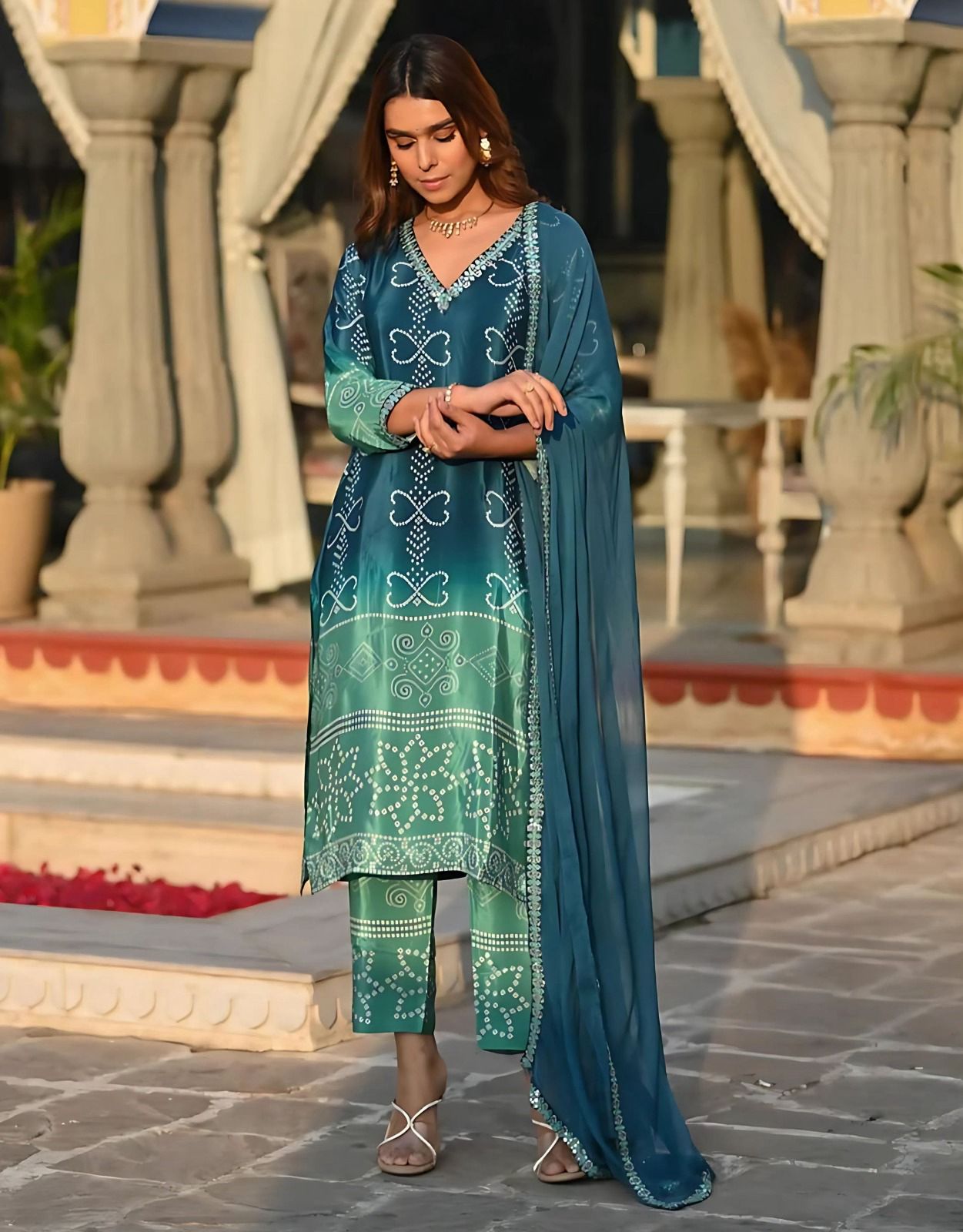 Sea Green Kurti Bottom With bandhej  dupatta