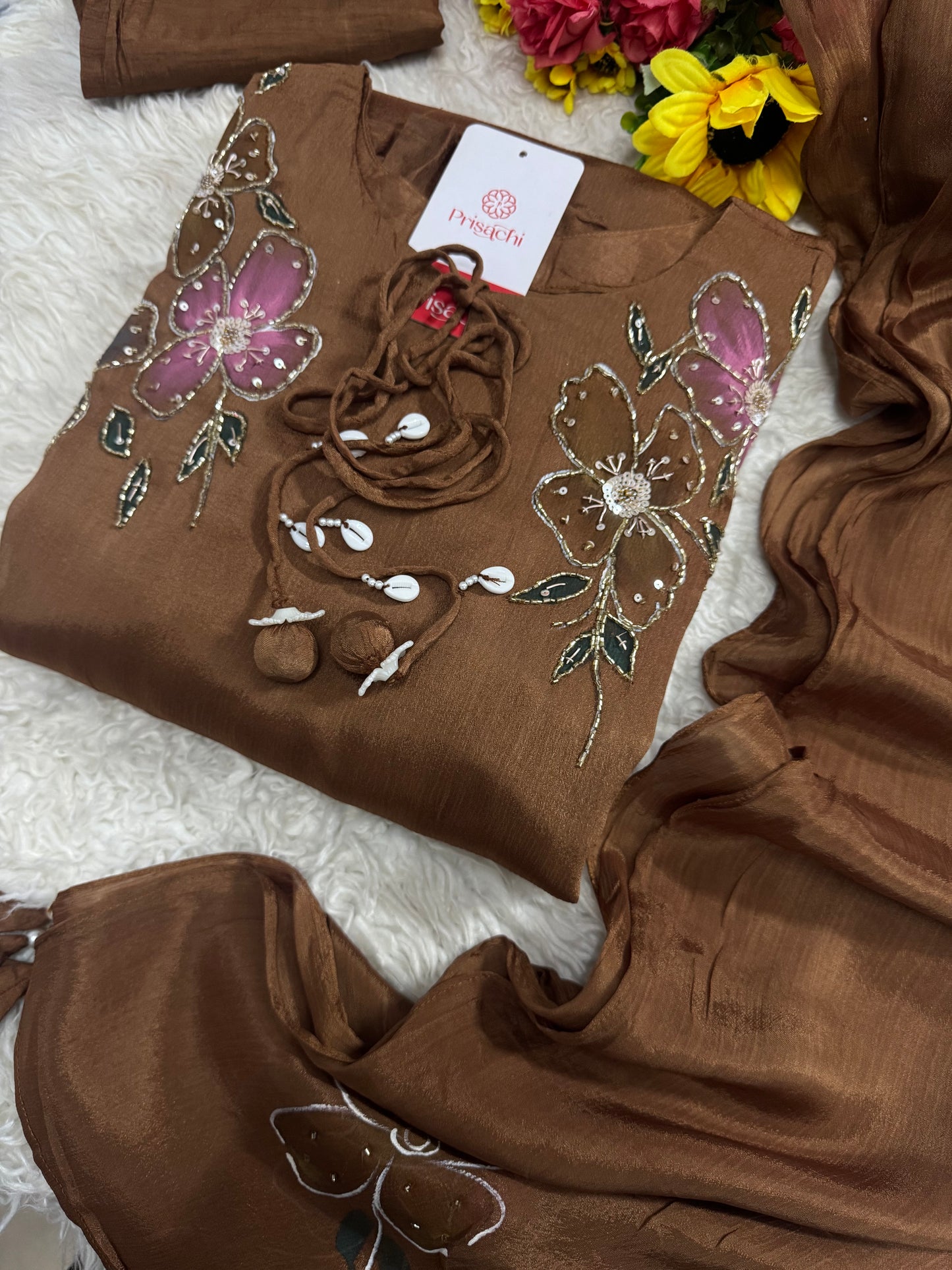 Green hand embroidered A Line kurta pant with dupatta