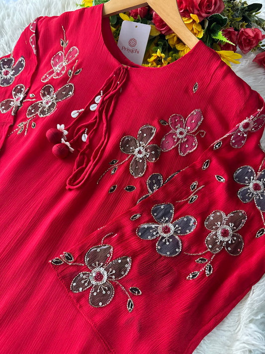 Red hand embroidered A Line kurta pant with dupatta