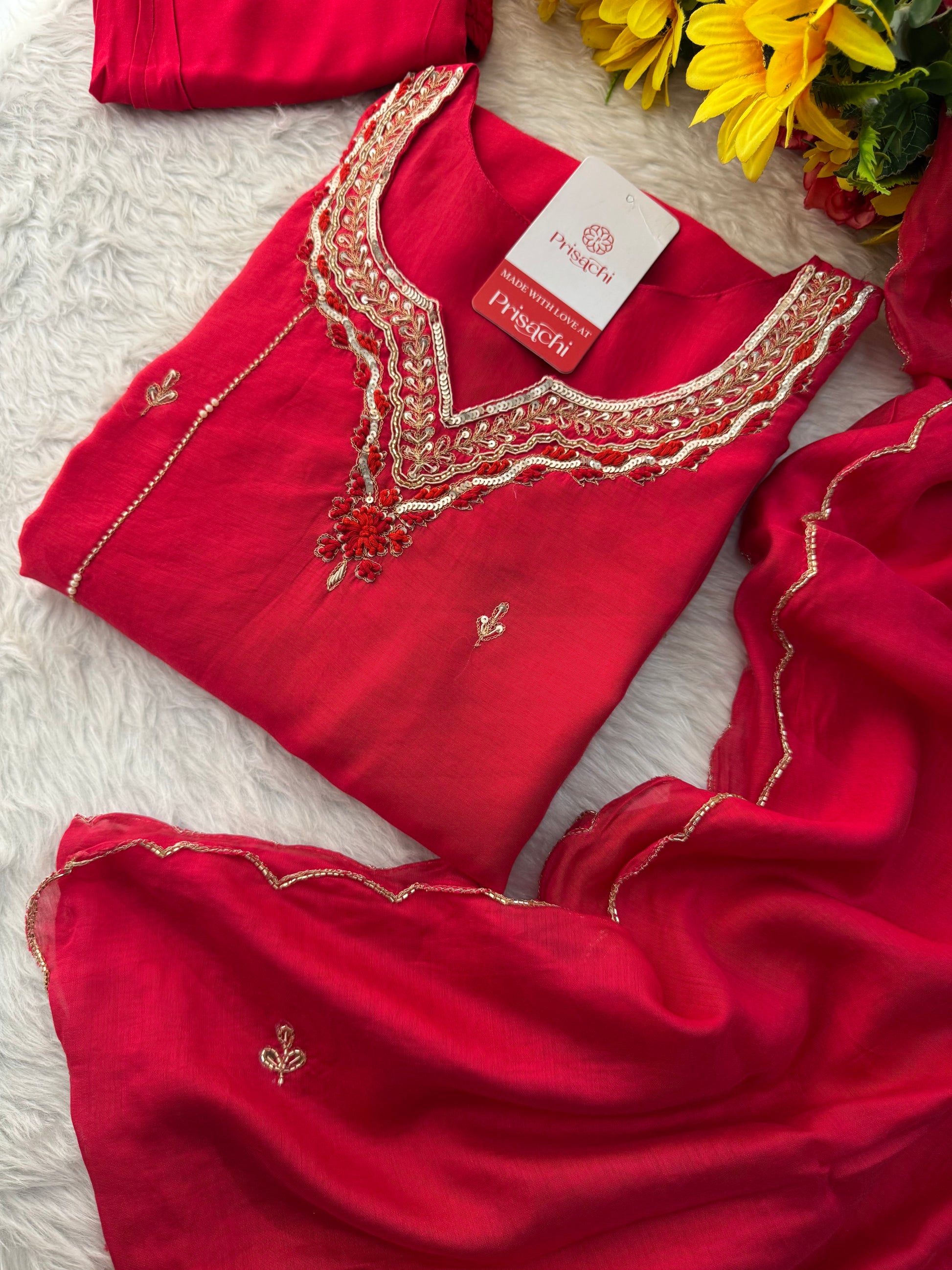 Pink Embroidered A-Line kurta set with dupatta and Pant - Prisachi Official