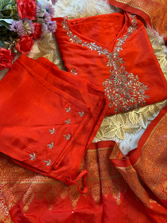 Orange  Designer Kurti set with Banarasi Duptta