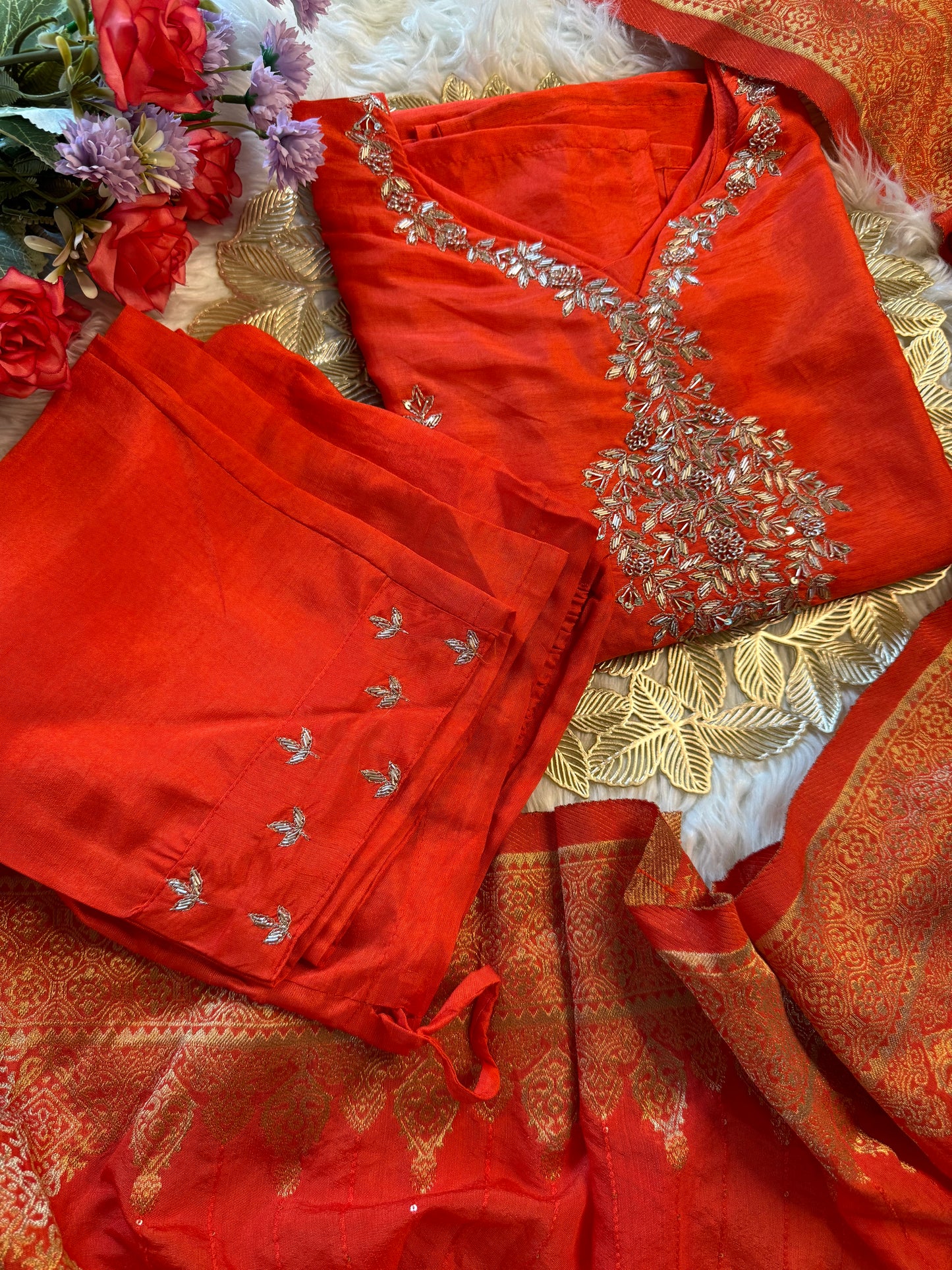 Red Designer Kurti set with Banarasi Duptta