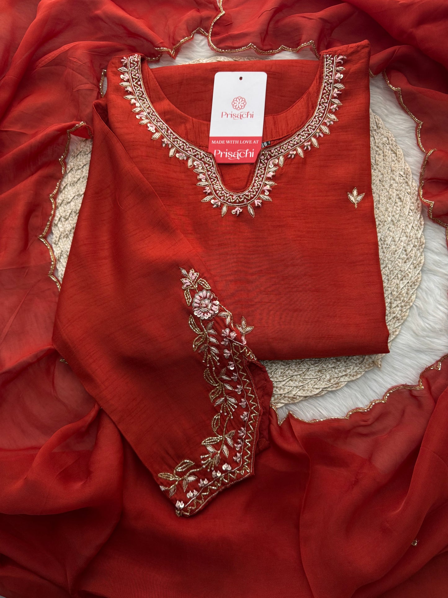 Orange Designer Embroidered Kurta Set with Pants & Dupatta – Ethnic Wear - Prisachi Official