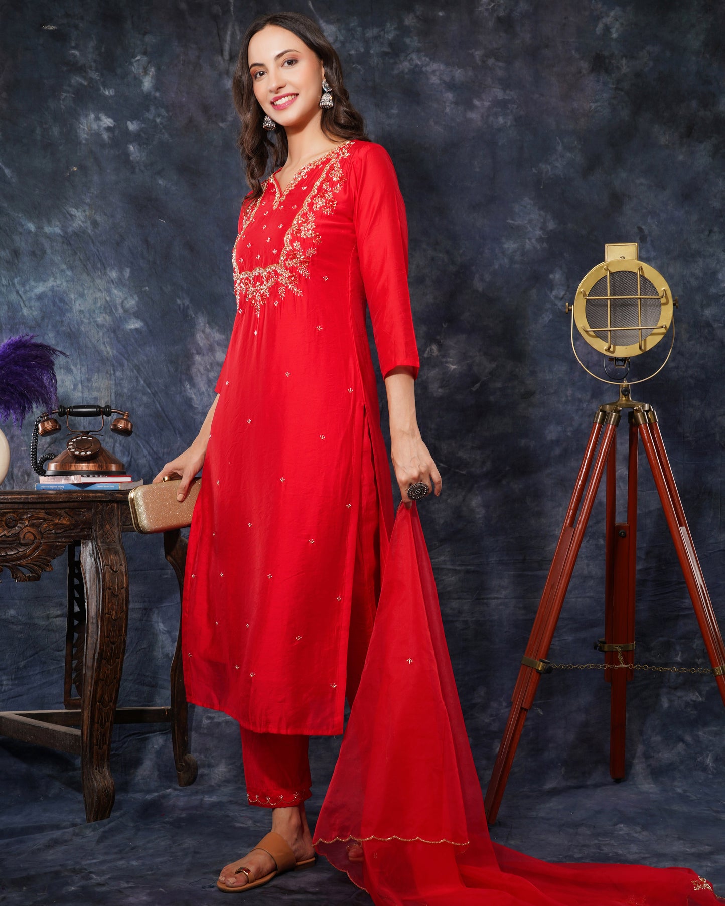 Red embroidered kurta bottom with dupatta with hand work - Prisachi Official