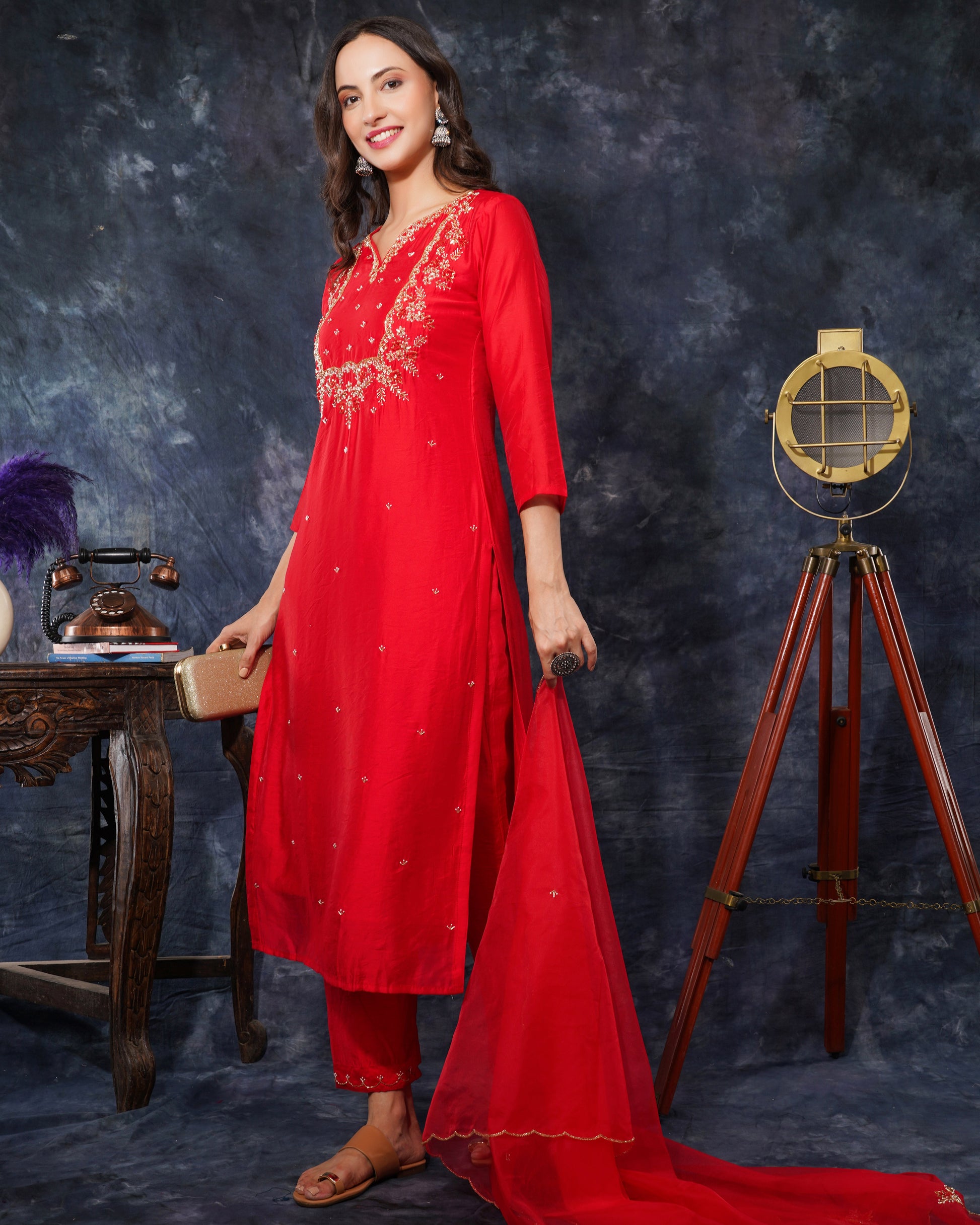 Red embroidered kurta bottom with dupatta with hand work - Prisachi Official