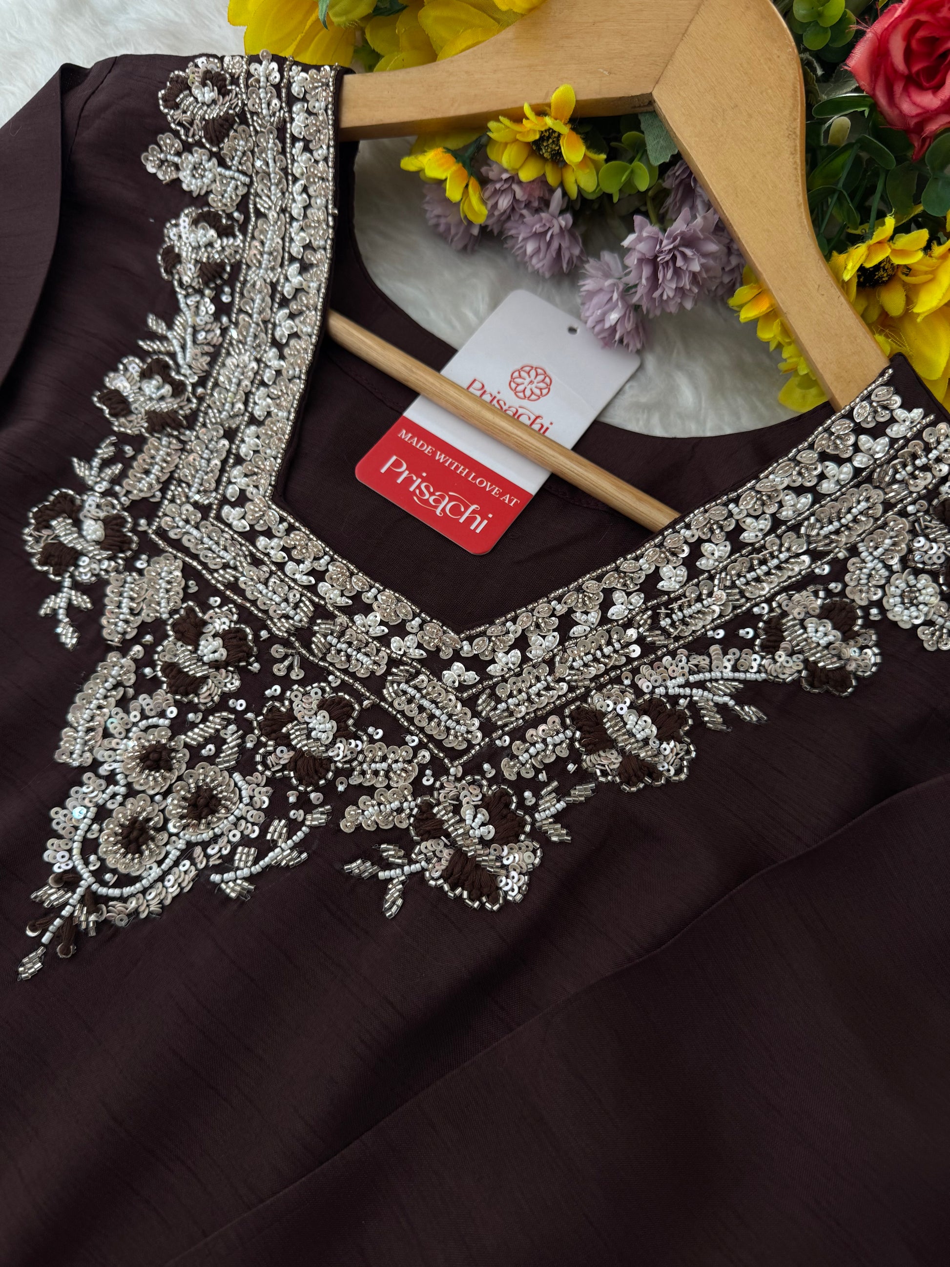 Brown hand embroidered kurta pant with dupatta - Prisachi Official