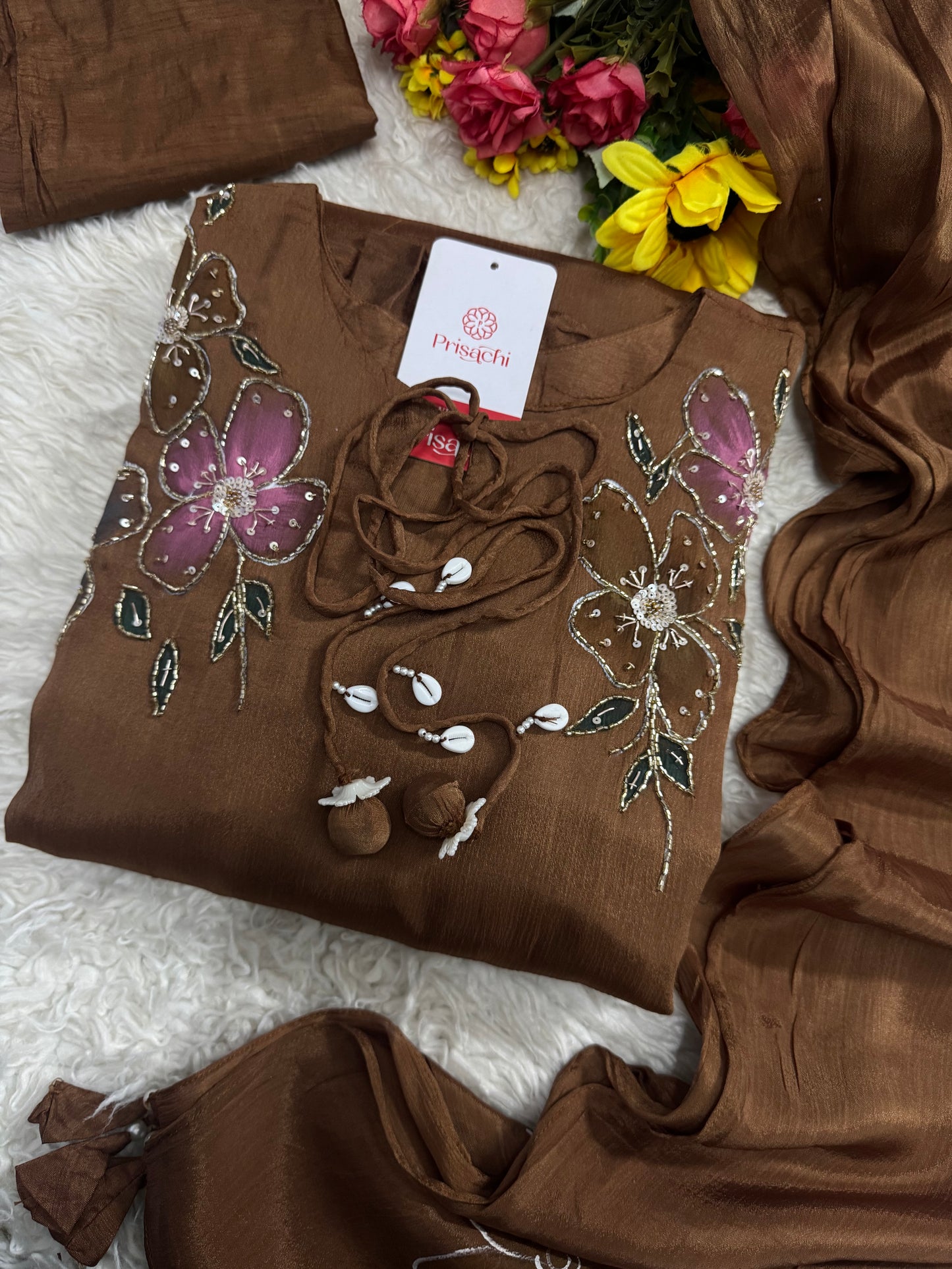 Green hand embroidered A Line kurta pant with dupatta