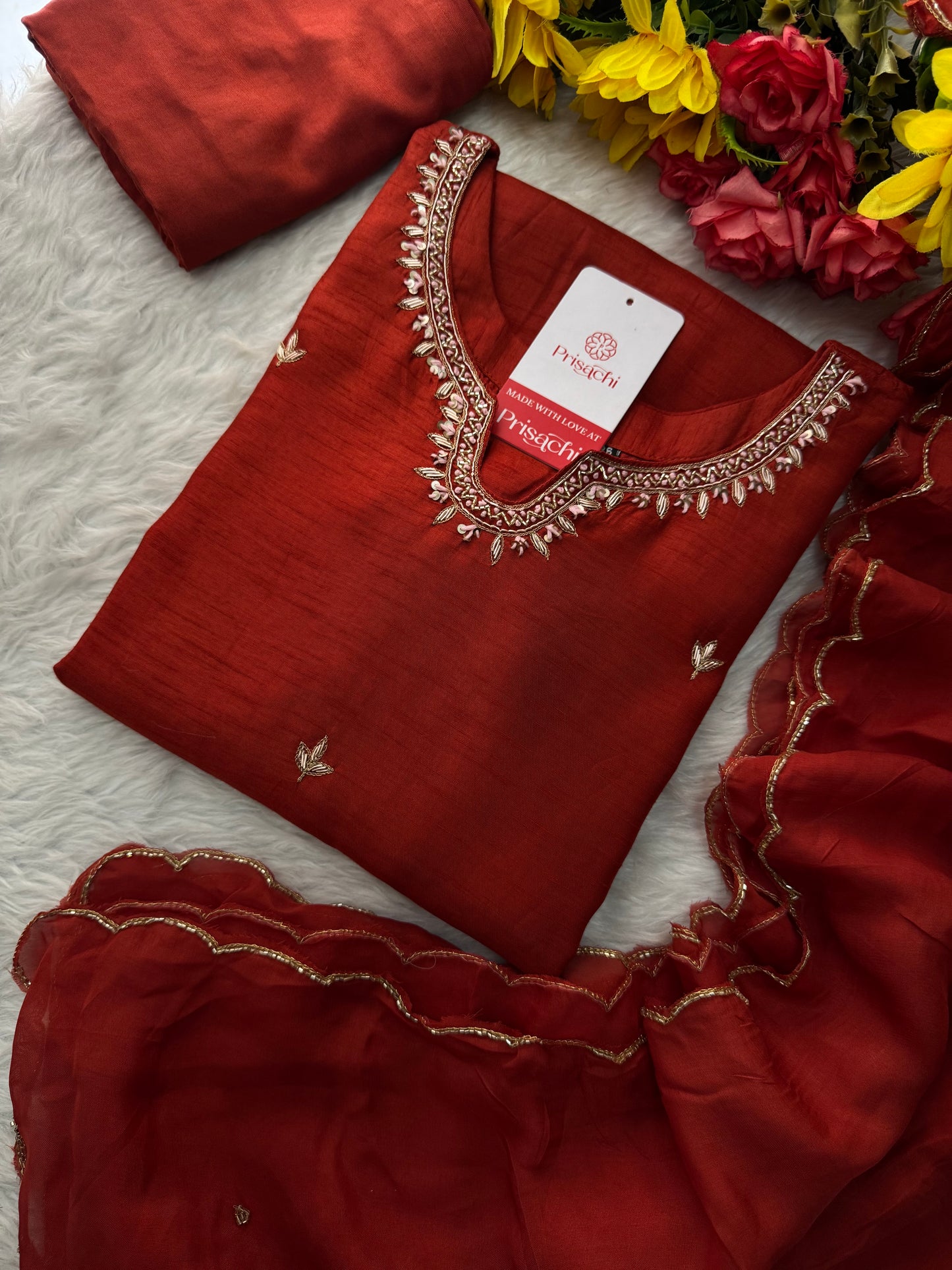 Orange Designer Embroidered Kurta Set with Pants & Dupatta – Ethnic Wear - Prisachi Official