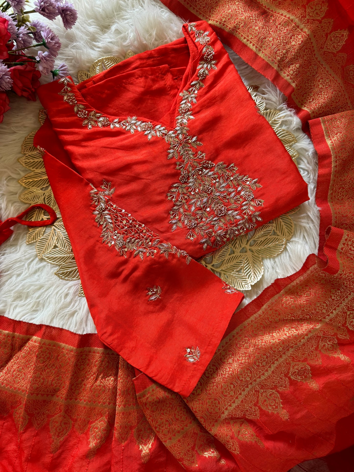 Red Designer Kurti set with Banarasi Duptta