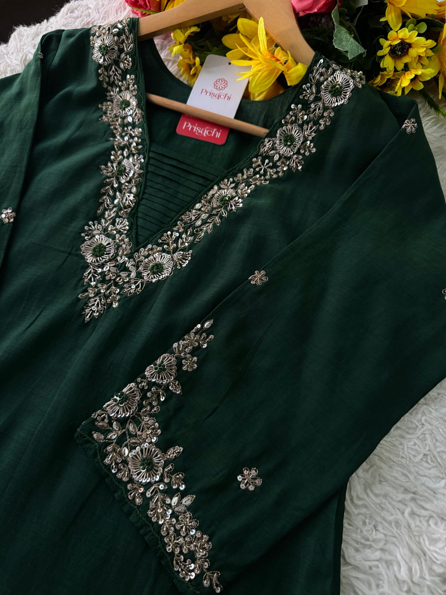 Brown hand embroidered A Line kurta pant with dupatta