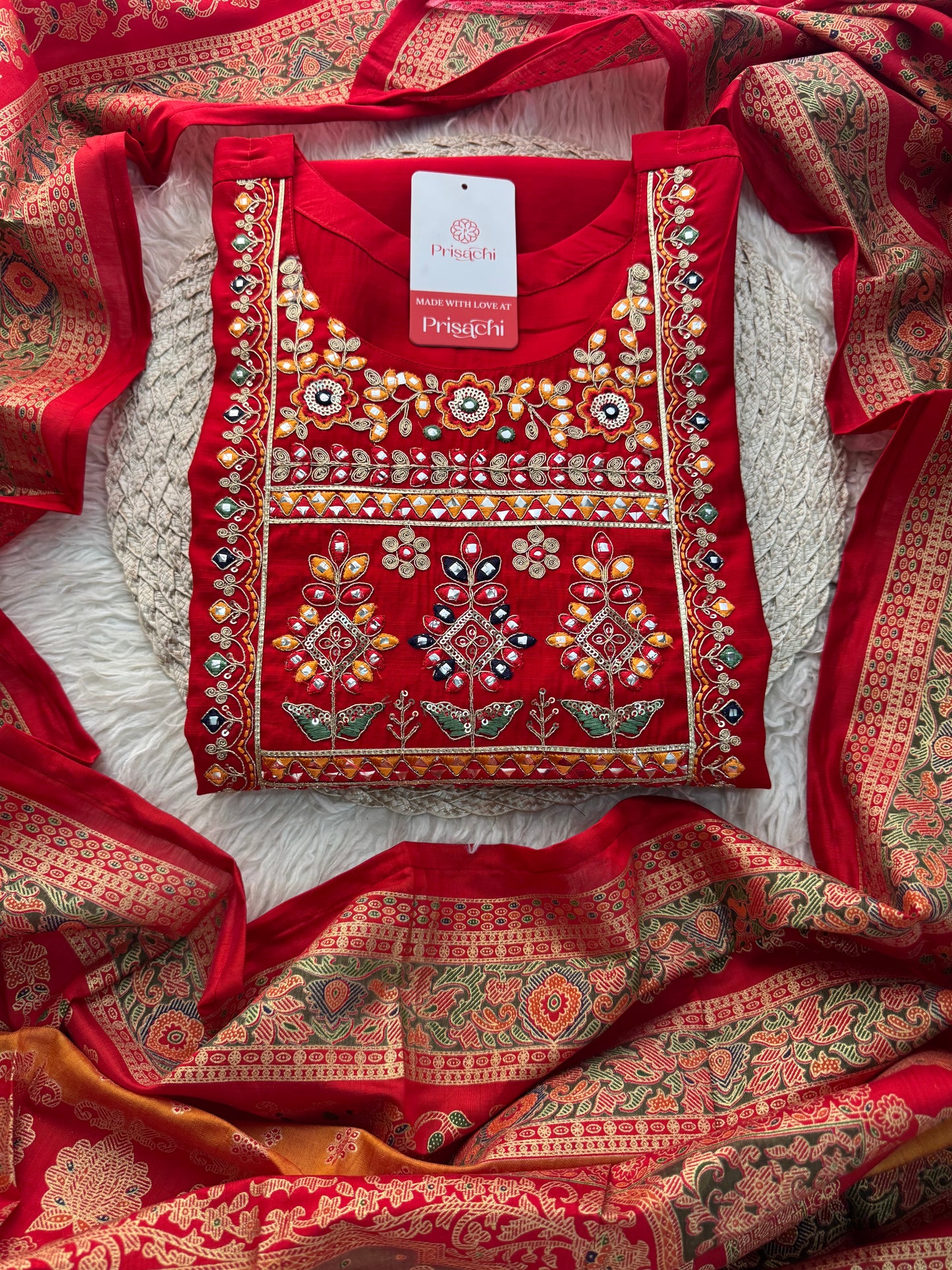 Red embroidered kurta set with dupatta