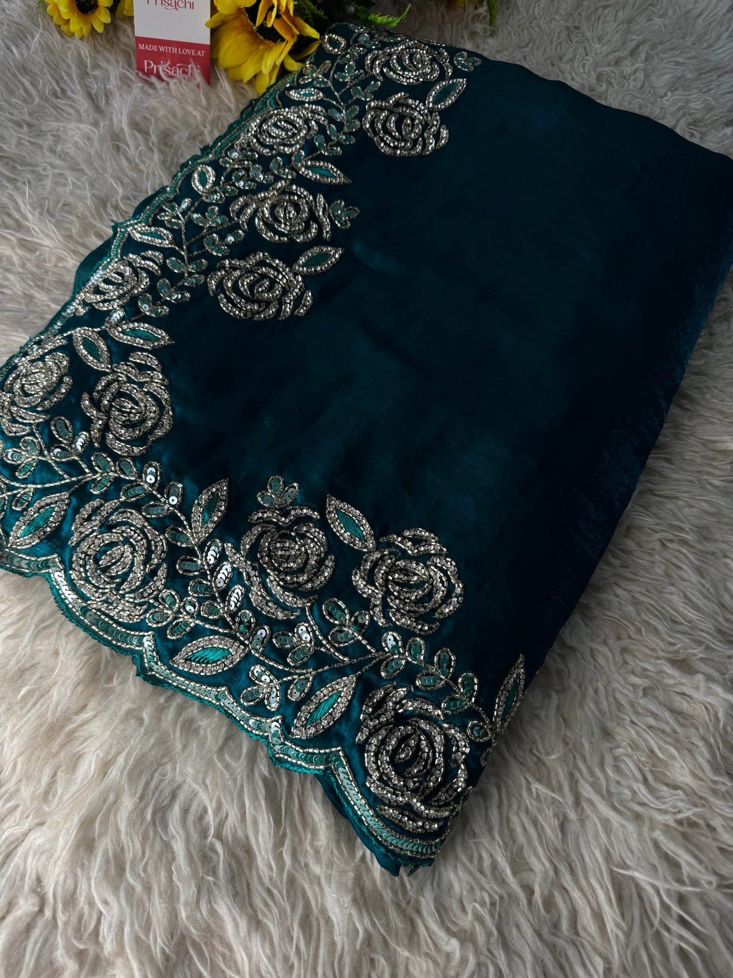Prisachi Sea Green Designer Saree with Unstitched Blouse