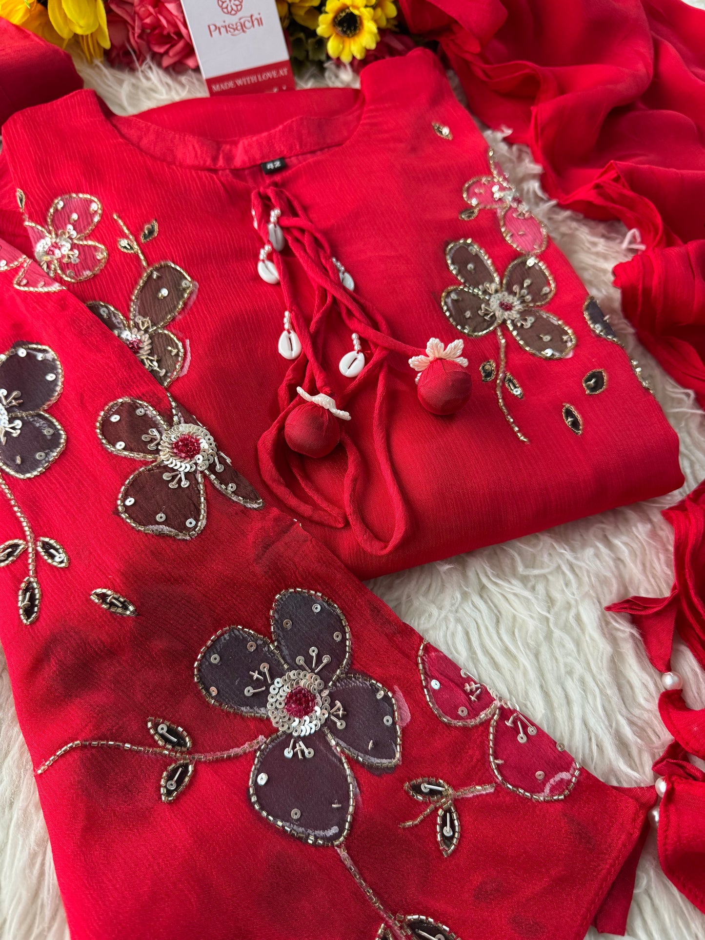 Green hand embroidered A Line kurta pant with dupatta