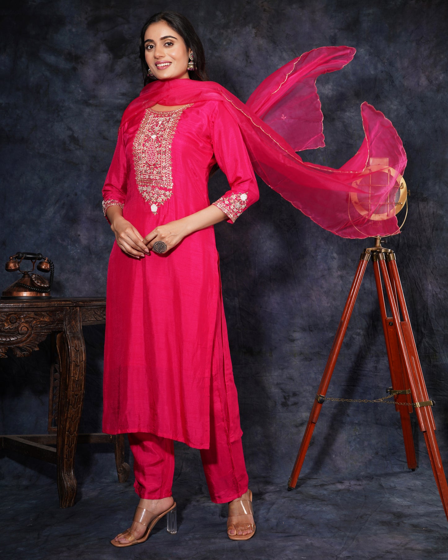 Pink embroidered kurta set with dupatta