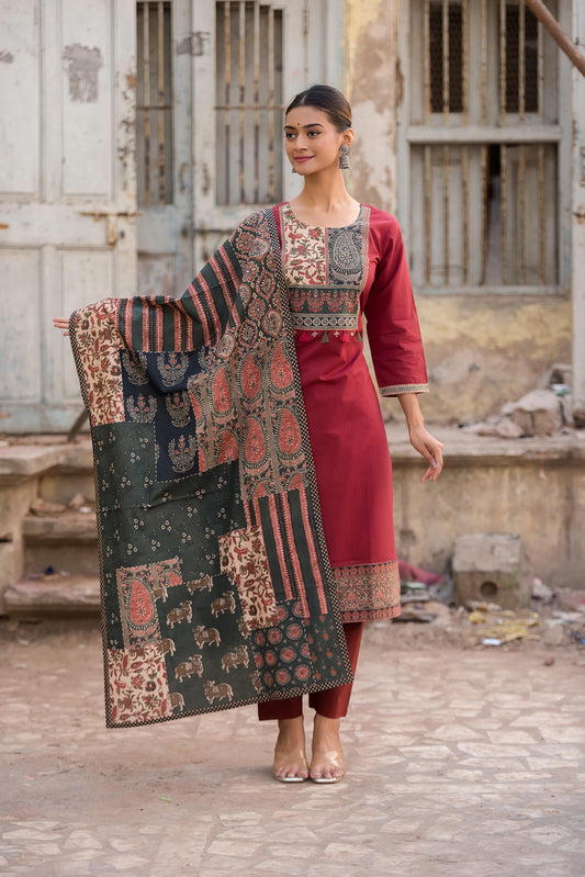 Red Cotton Kurti Pant With Dupatta