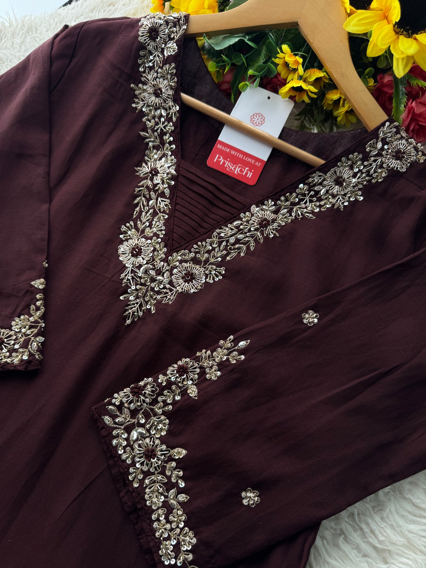 Brown hand embroidered A Line kurta pant with dupatta
