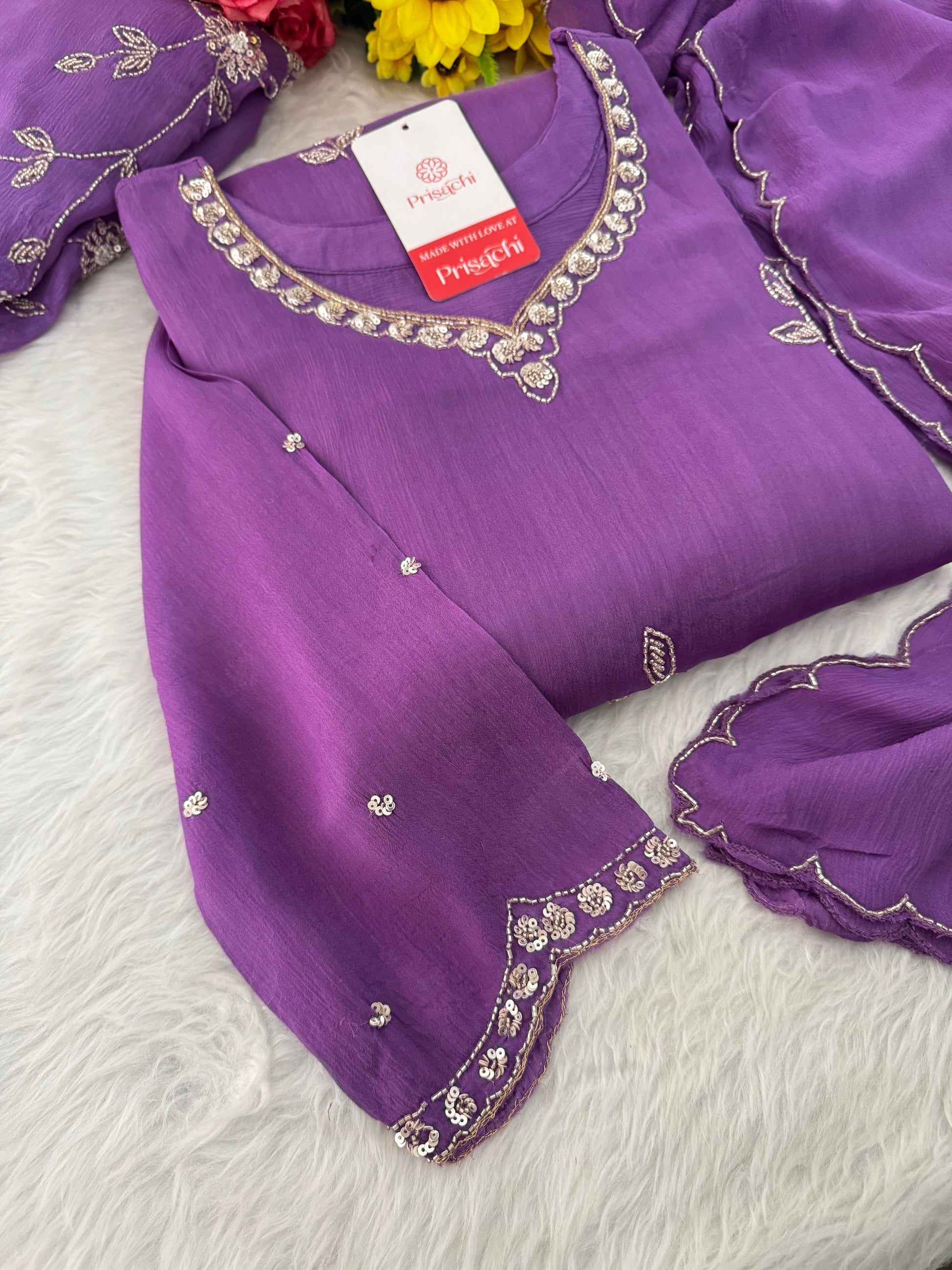 Lavender Embroidered Sharara Set with pants and Dupatta for Women | Prisachi - Prisachi Official