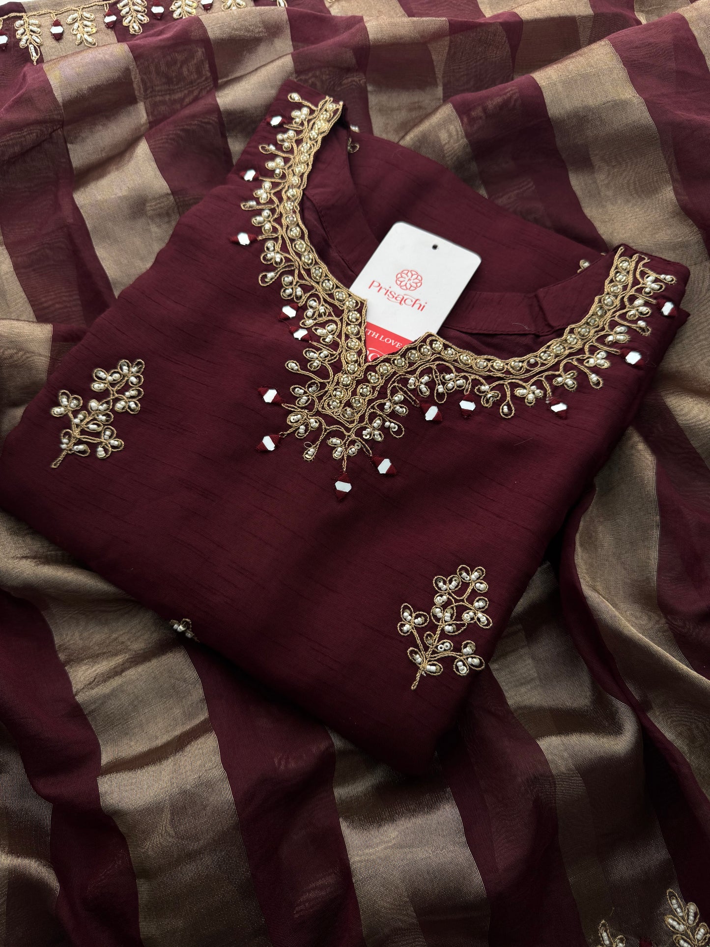 Brown hand embroidered kurta pant with dupatta - Prisachi Official