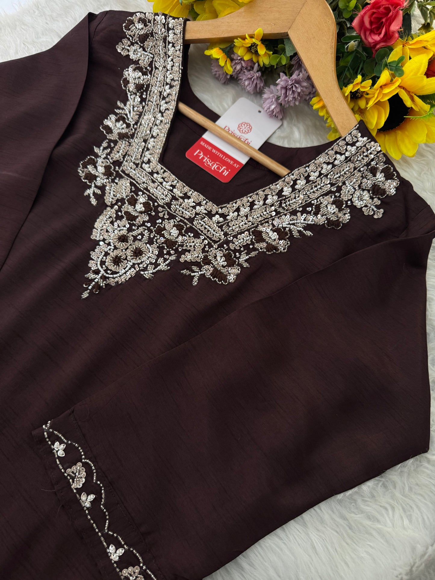 Brown hand embroidered kurta pant with dupatta - Prisachi Official