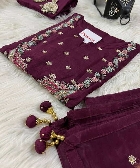 Purple embroidered chanderi silk kurta set with dupatta