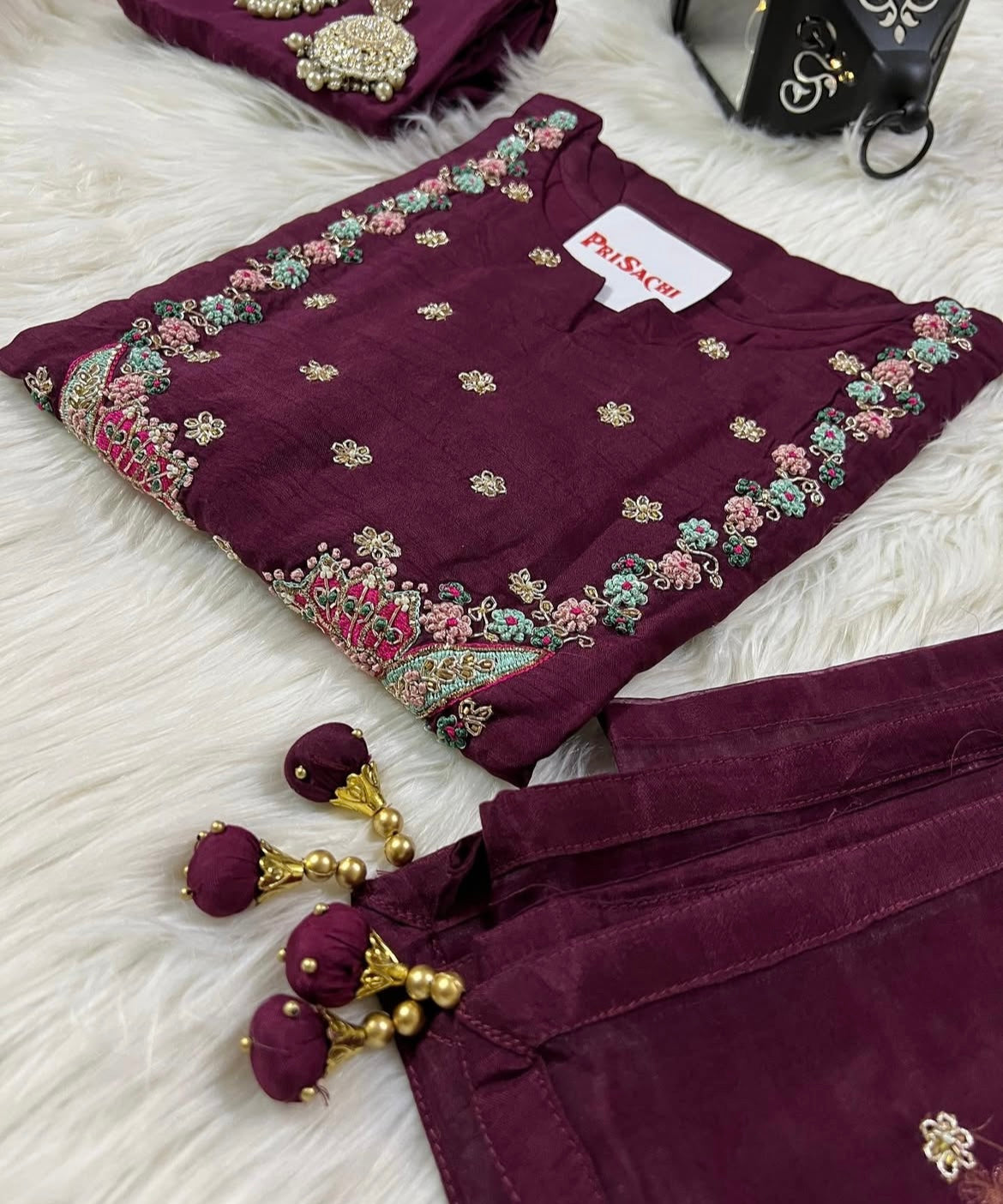 Black embroidered cotton silk kurta set with dupatta - Prisachi Official