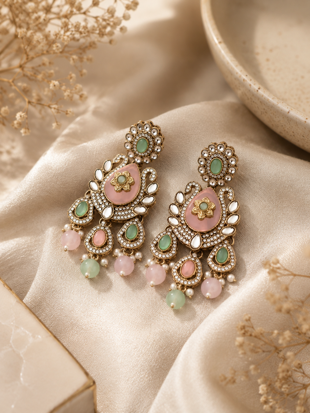 Gold-Plated Pastel Pink & Mint Kundan Dangler Earrings for Women