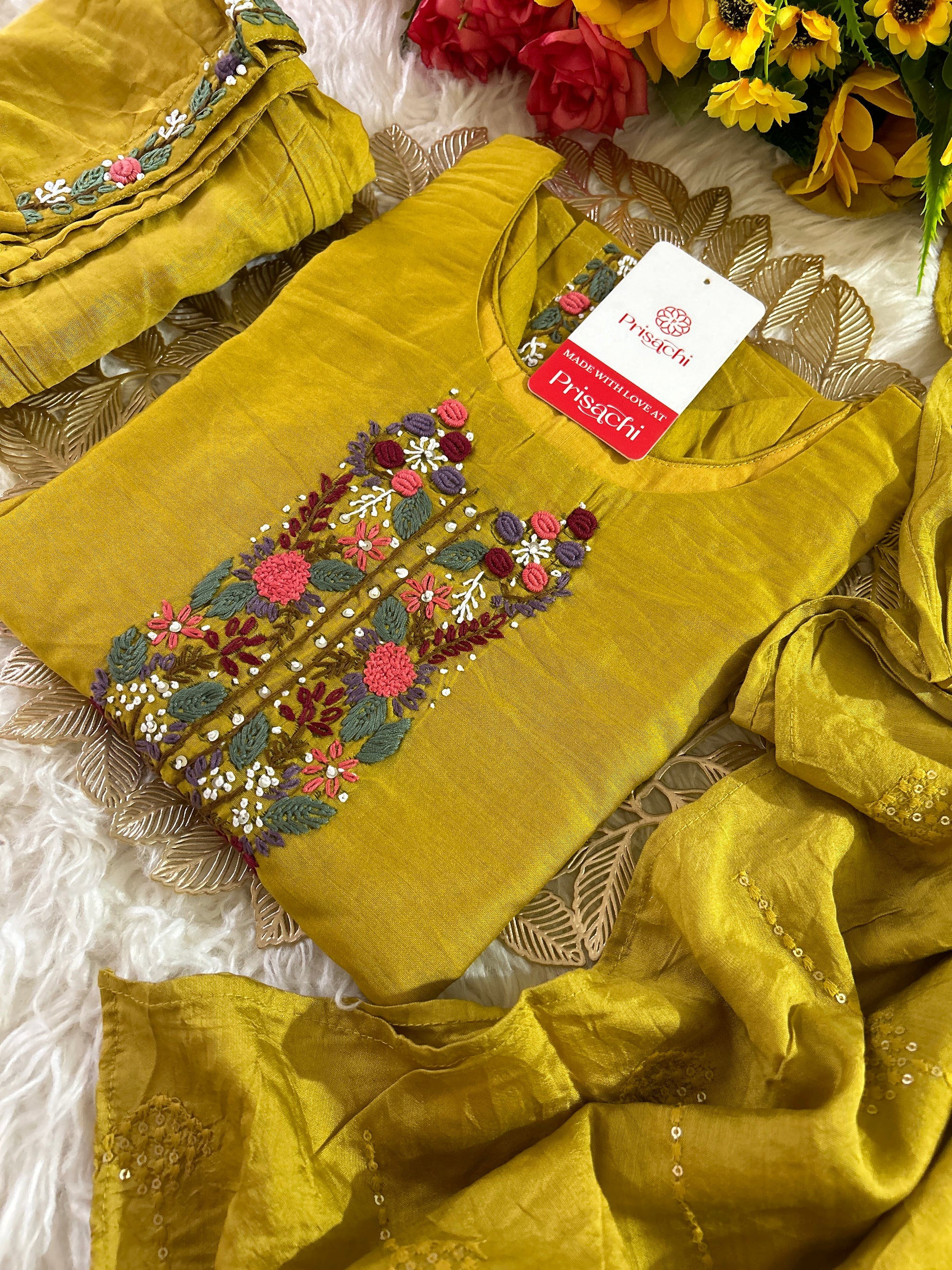 Yellow embroidered chanderi silk kurta set with dupatta - Prisachi Official