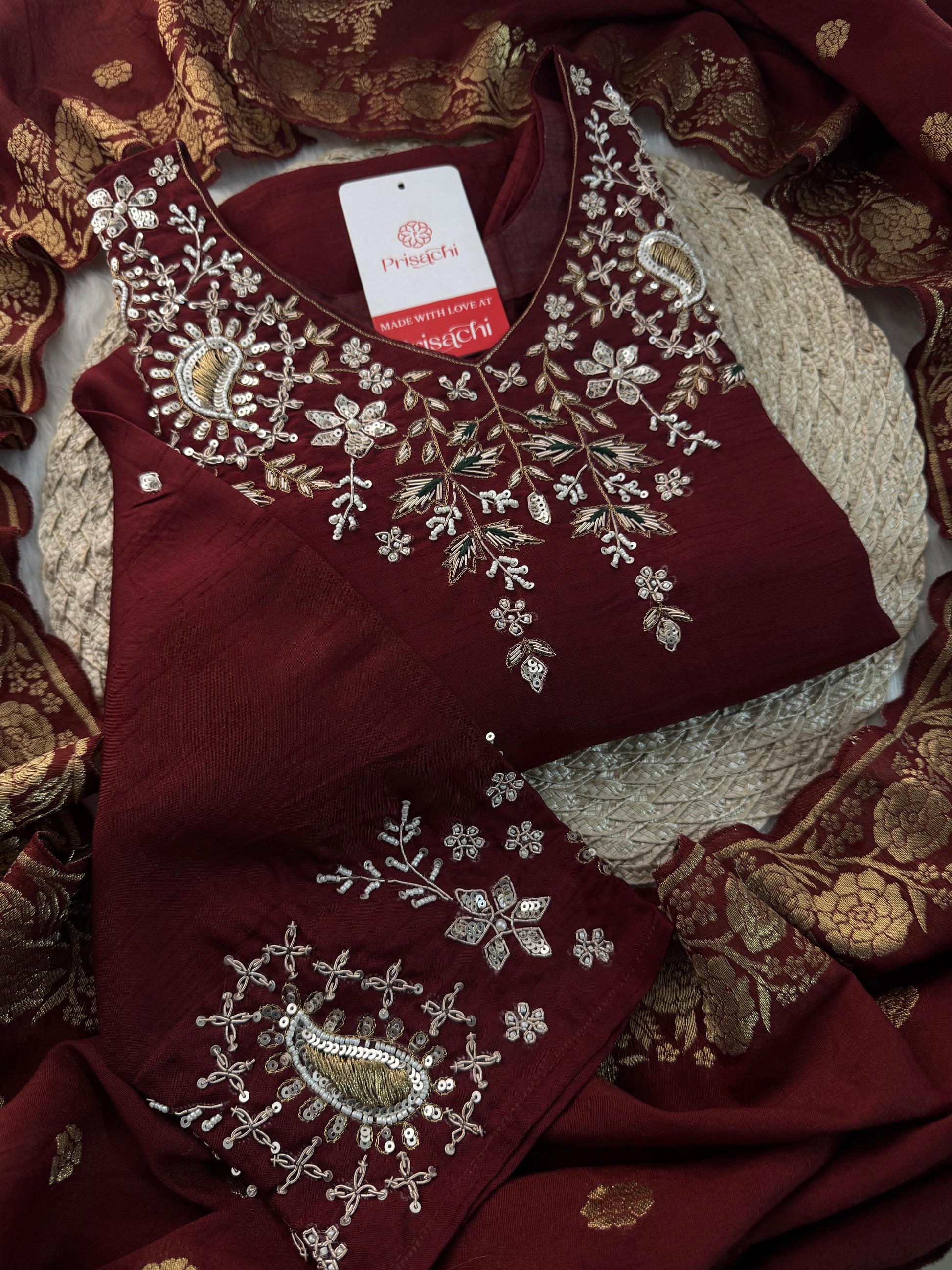 Brown hand embroidered kurta pant with dupatta with Pockets - Prisachi Official