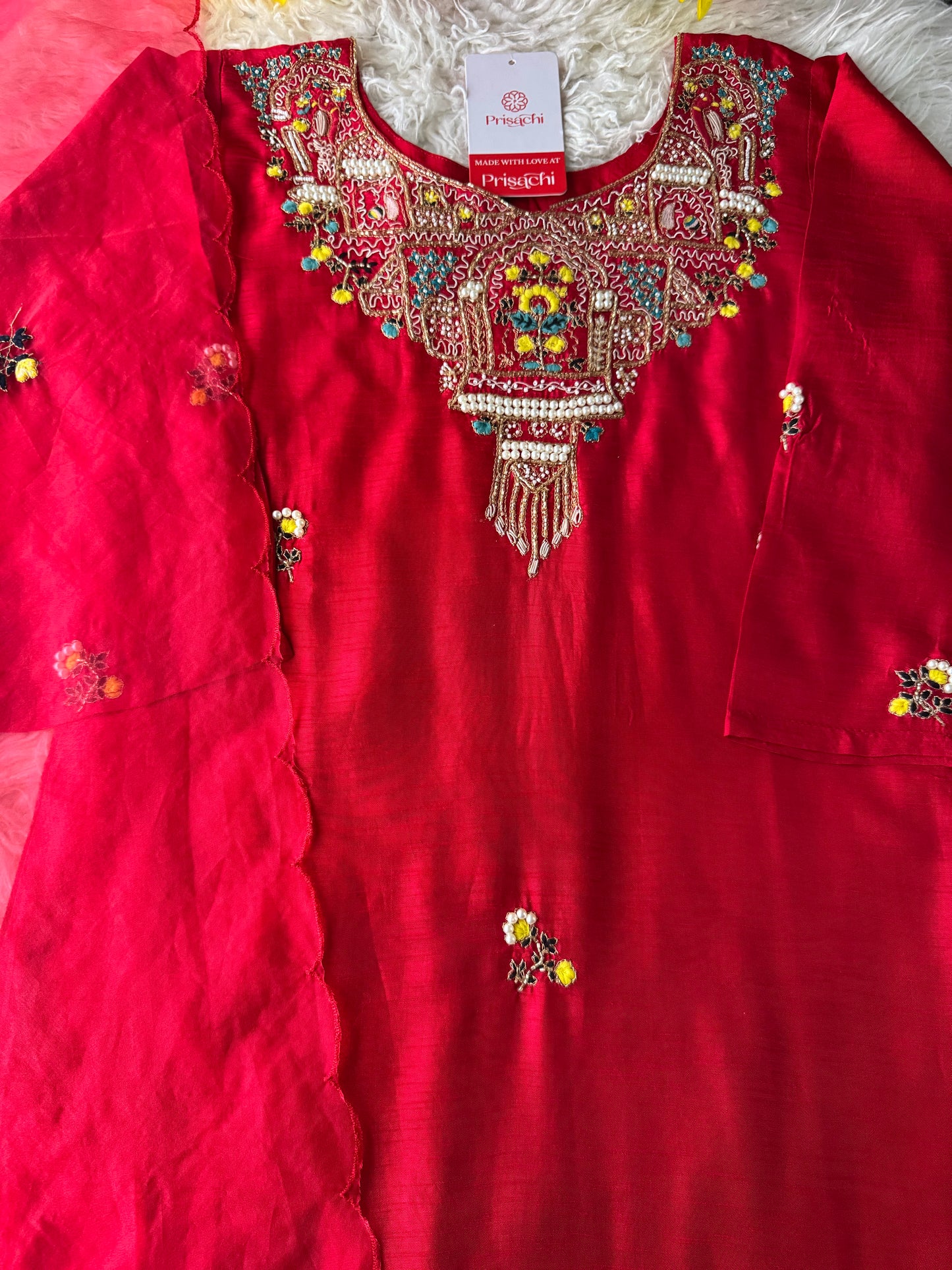 Red embroidered kurta set with dupatta