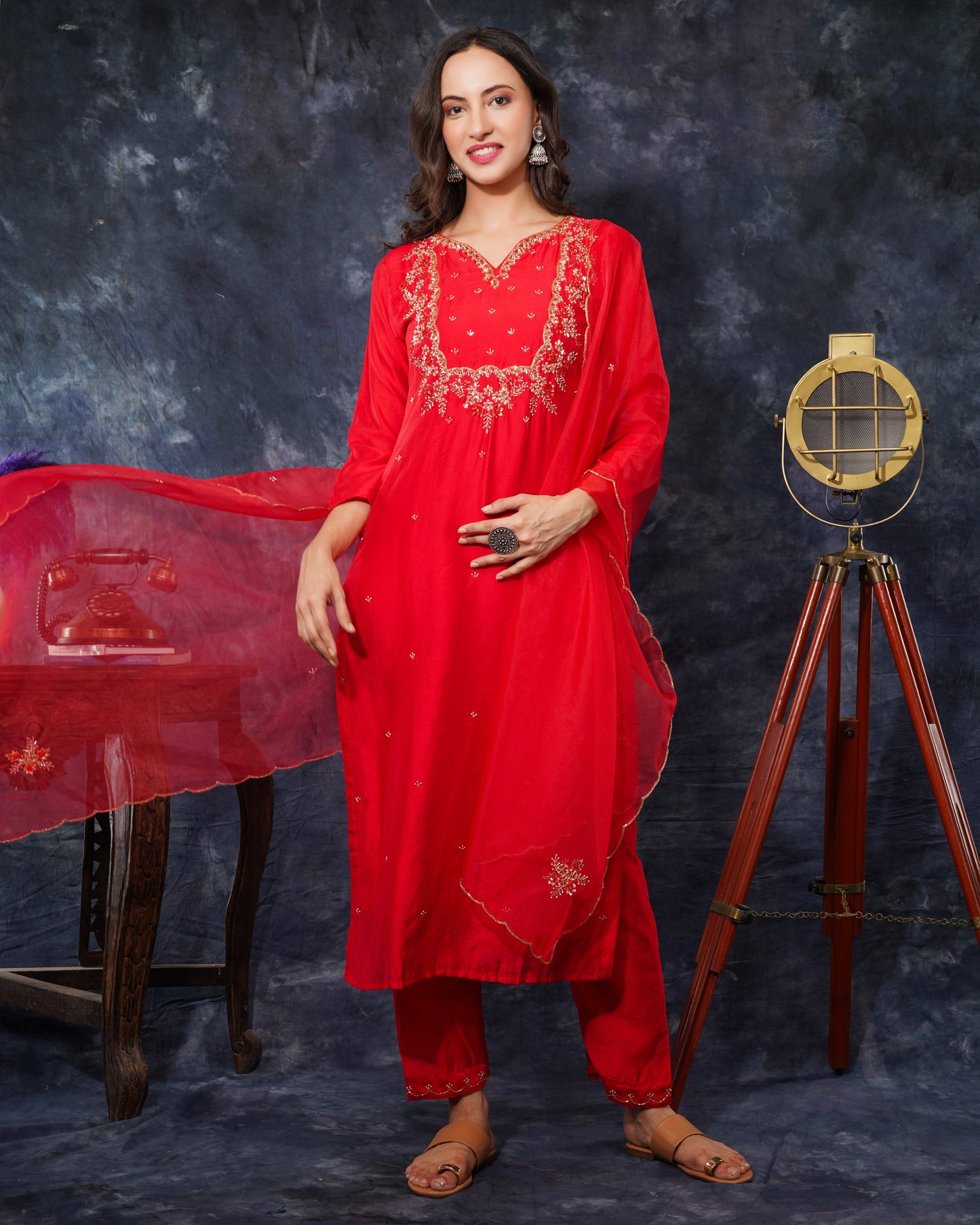 Red embroidered kurta bottom with dupatta with hand work - Prisachi Official