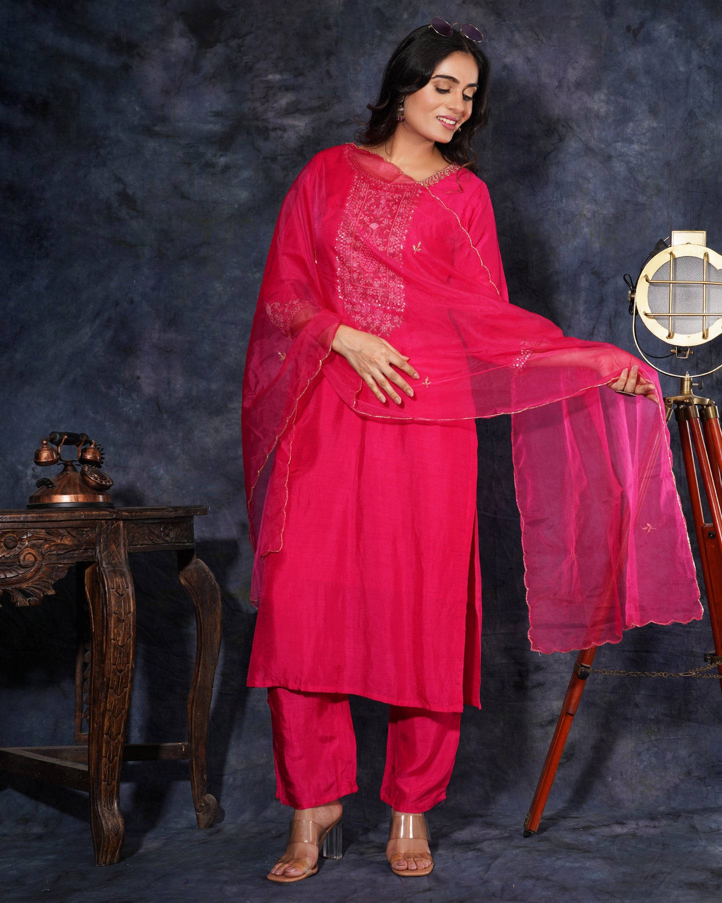 Pink embroidered kurta set with dupatta