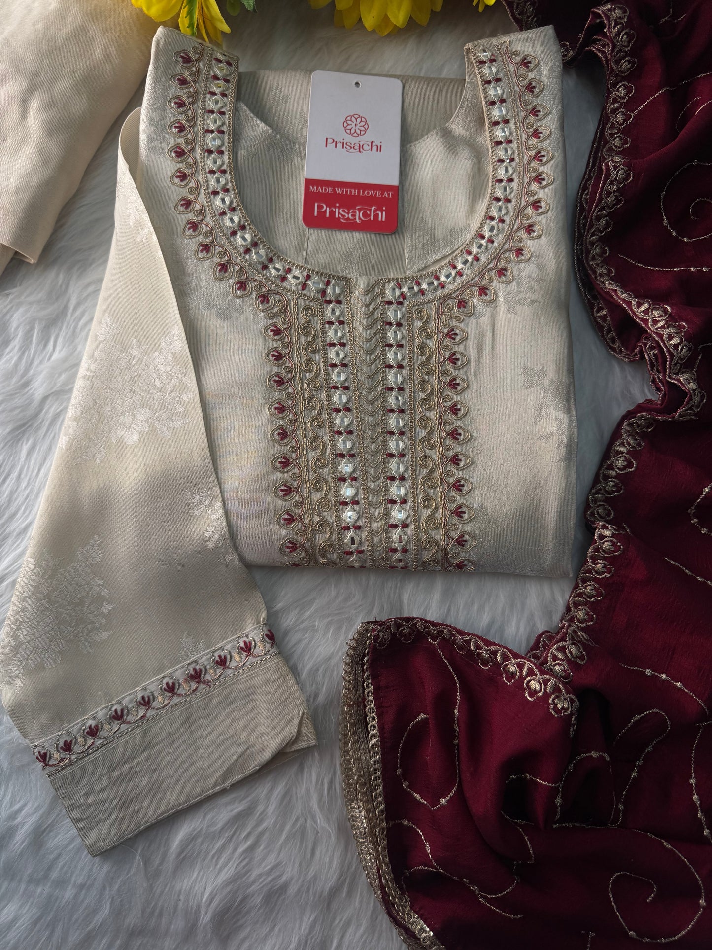 Off White Designer Embroidered Kurta set with dupatta and Pant - Prisachi Official