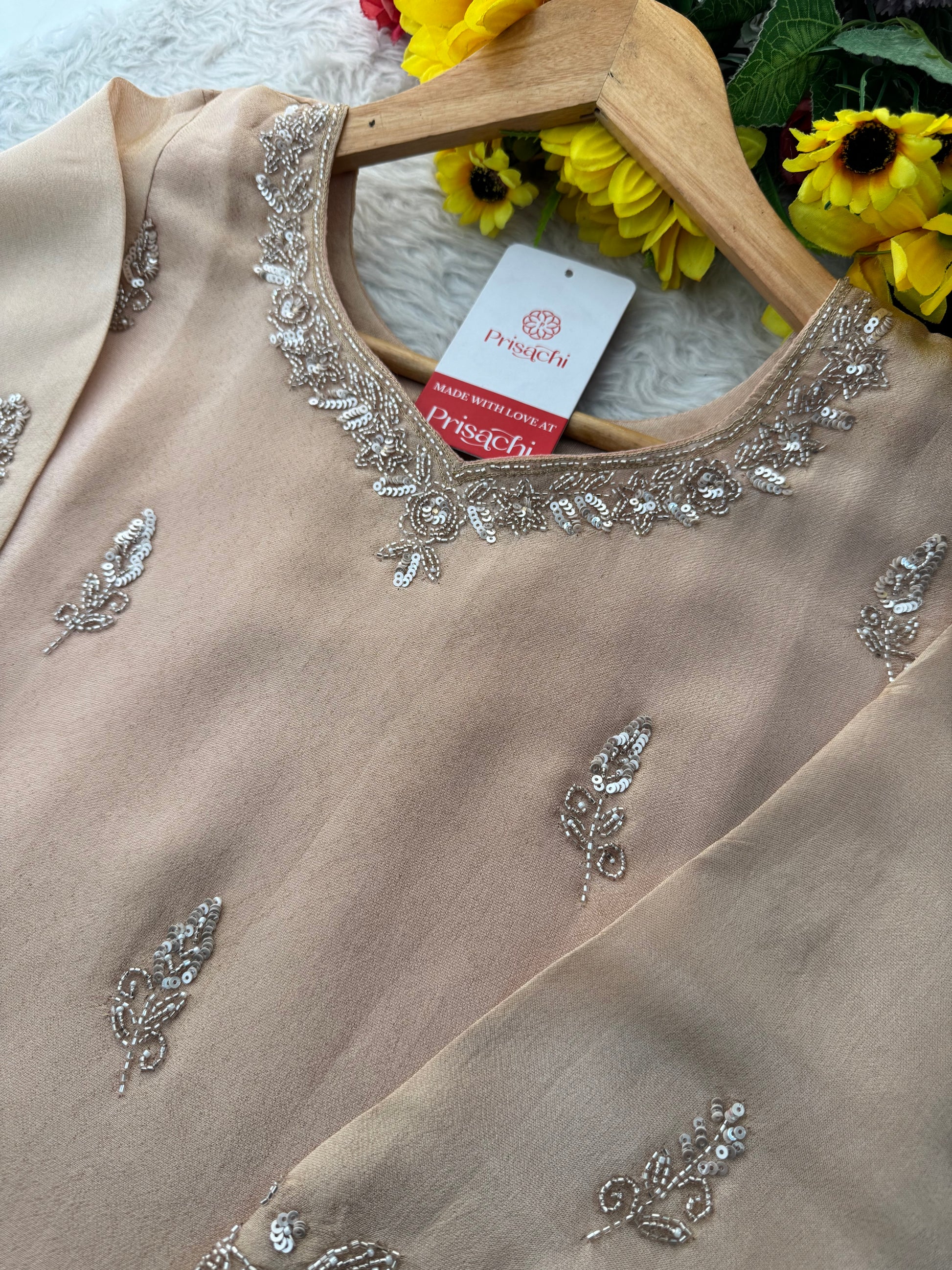 Beige Kurta Set for Women with Pants and Dupatta - Prisachi Official