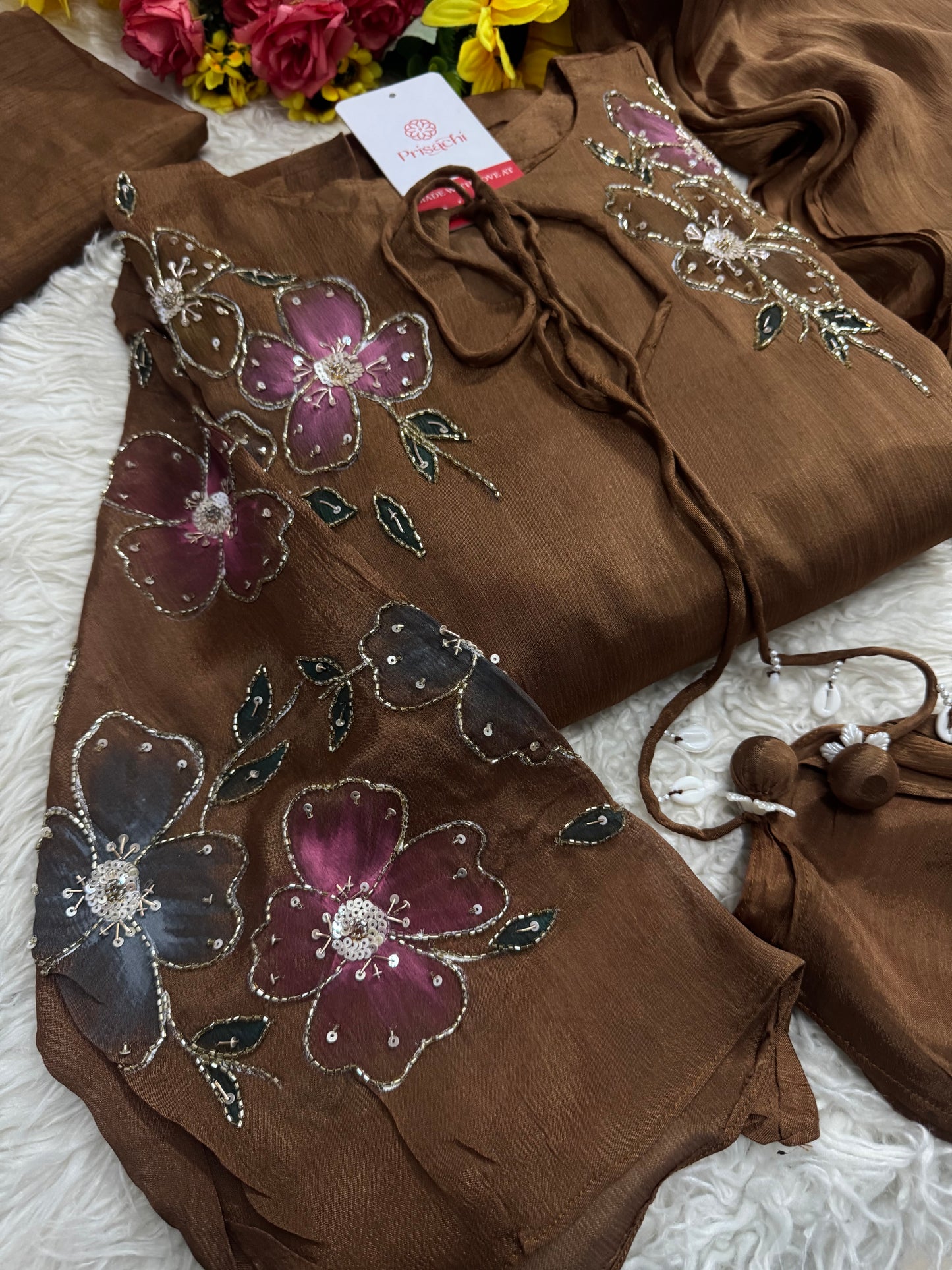 Green hand embroidered A Line kurta pant with dupatta